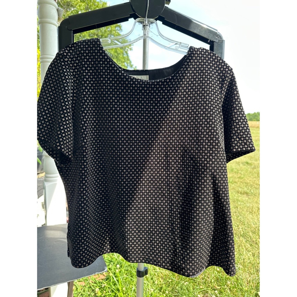 Worthington Womens Petite XL Velvet Geometric Diamond Print Short Sleeve‎ Blouse